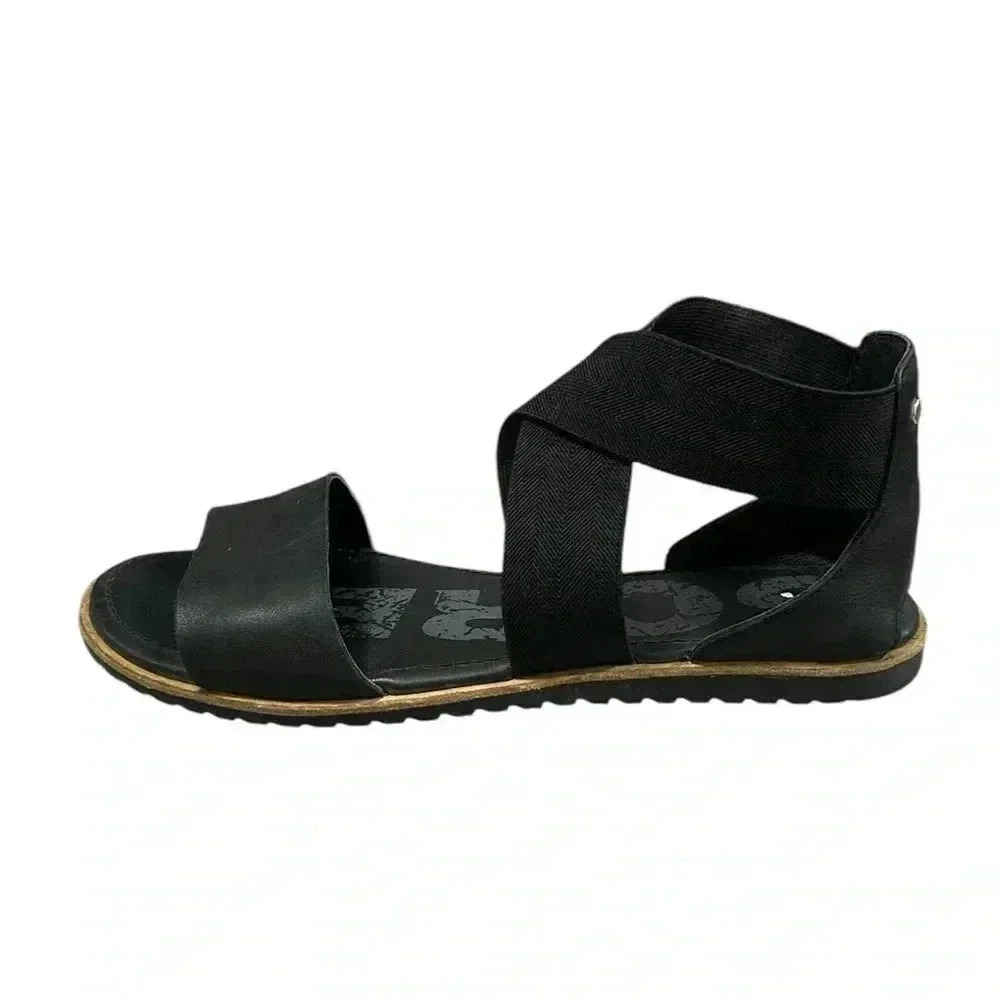 Sorel Womens Ella Sandals Gore Strap Black Flat Shoes Casual Travel Size 9